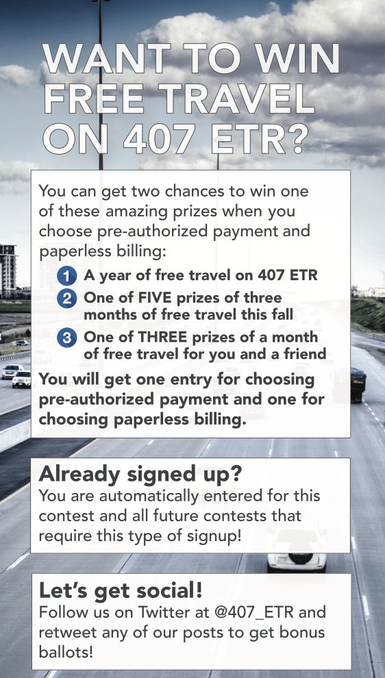 407ETR's tweet photo. Check out these amazing prizes... switch to paperless billing and pre-authorized payment to get in the draw! Want bonus entries? Follow us and retweet this message! https://t.co/xJsheRlEmp https://t.co/vtSR78AIJg