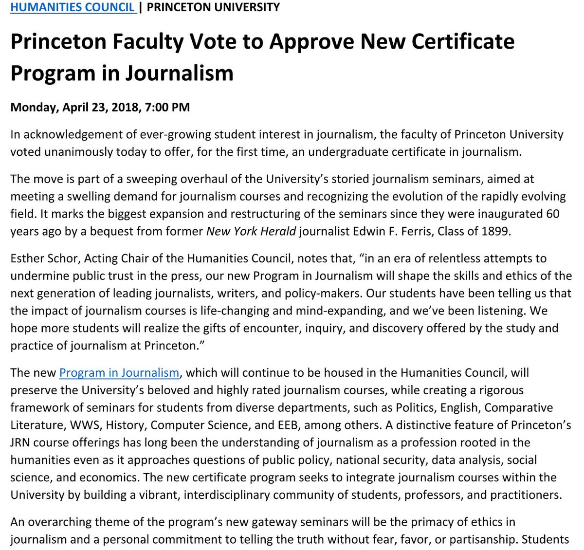 beenasarwar's tweet photo. Fabulous news. @Princeton Faculty Vote to Approve New Certificate Program in #Journalism. Being a #FerrisProf @PrincetonHum was a great experience, hope I can do it again some time <3 https://t.co/EdOkJpvtub