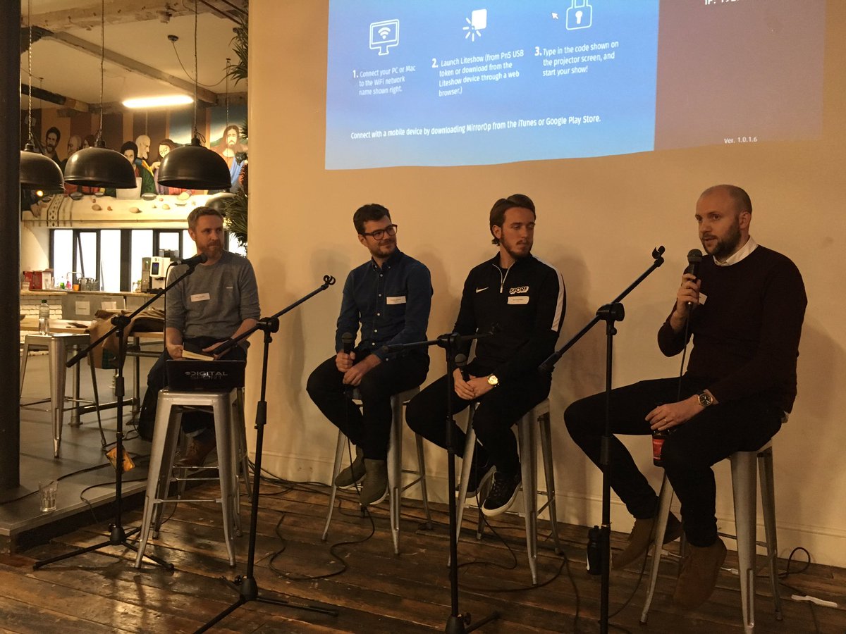 DigitalSportUK's tweet photo. Our panel is kicking off with Richard Johnson from @TheSocialChain, Nick Speakman from @Sporf and Simon Farrant from @OptaJoe / @PerformGroup covering how we engage with next gen sports fans on social media. #DSManchester https://t.co/vFeK76Gr2P