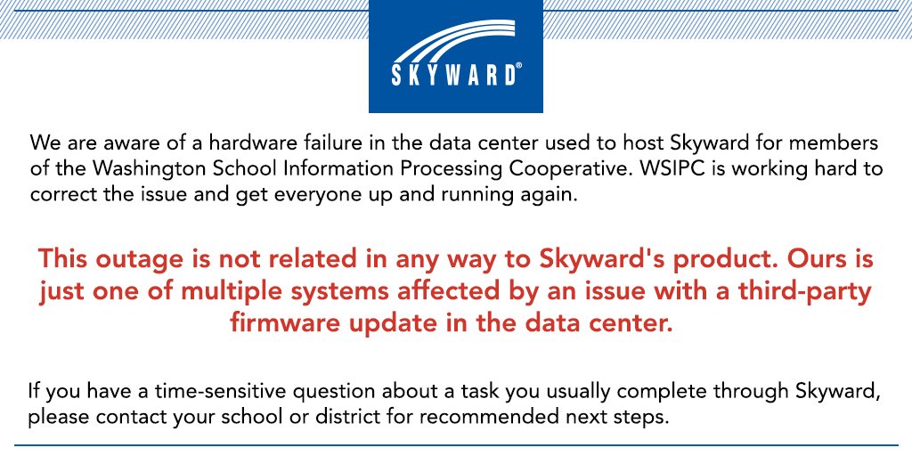Skyward_Inc's tweet photo. In light of some misleading reports, we have updated our statement regarding the WSIPC outage in Washington.

New link for updates and contact information: https://t.co/6HkBiCoNss https://t.co/UAMeZuFvrd