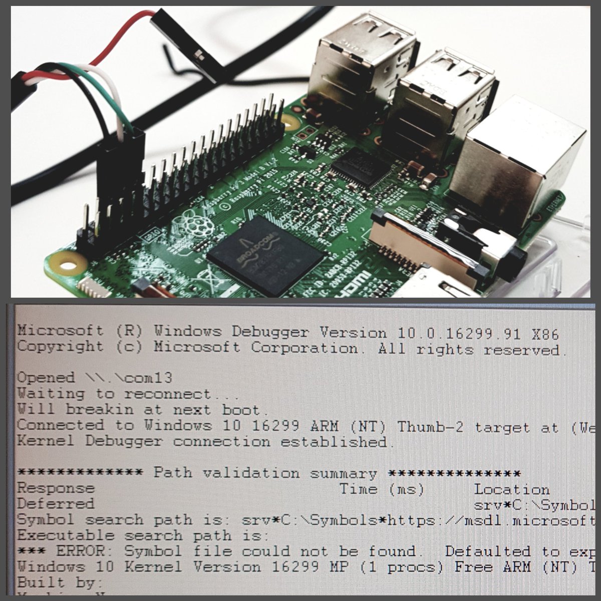 bemikre's tweet photo. Aha! First kernel debugging connection into #windows #IoT #core on a #RasPi3. Using #WinDbg and USB-To-Serial cable. Let us see what's inside it... #WindowsIoT https://t.co/XMaRYf4j2X