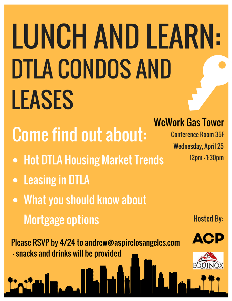 Aspire_LA's tweet photo. 📝🔑 Come join us Wednesday, April 25th at 12pm for a Lunch and Learn located at Downtown LA WeWork! Andrew C. Park and mortgage lender Equinox will go over steps to approach Condos and Leases in DTLA and any other questions you have.
#realestate #wework #lunchandlearn https://t.co/gCEQ1ZY1ZQ