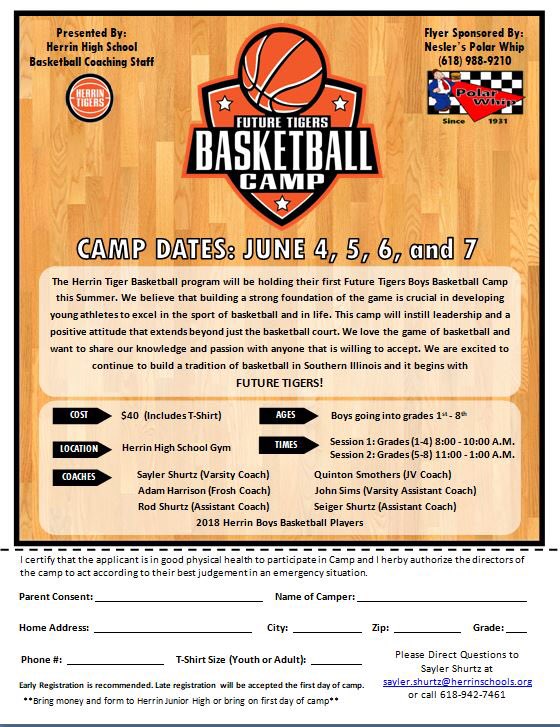 HerrinHoops's tweet photo. The Herrin Tiger High School Boys Basketball Program will be hosting their 1st Annual Future Tigers Basketball Camp this Summer on June 4-7.

This 4 day camp is for boys going into Grades 1-8.

Session 1: Grades 1-4
(8:00-10:00)

Session 2: Grades 5-8
(11:00-1:00)

Please share! https://t.co/HtNXZQjLSM