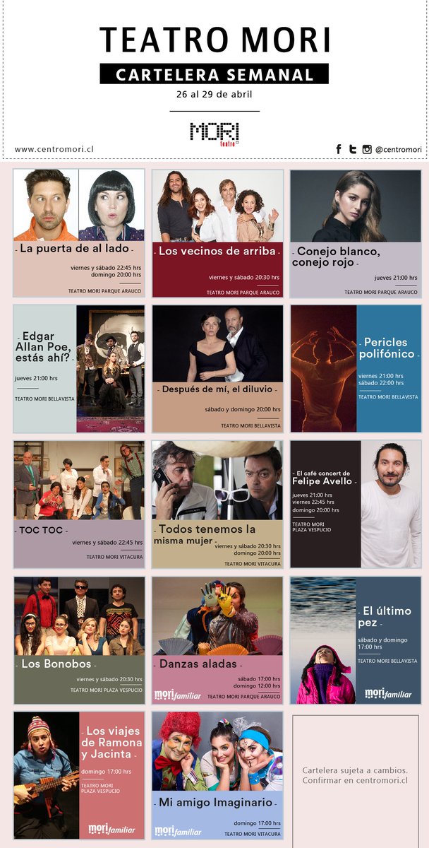 TeatroMori's tweet photo. Revisa bien nuestra cartelera que cierra abril, ya que muchas obras están en sus #ÚltimasFunciones #ultimofinde #quenotelacuenten https://t.co/Coqd4hfPN6