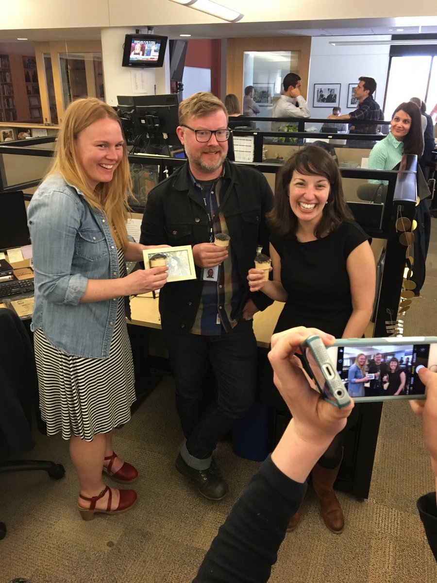 laura_yuen's tweet photo. Poor @RihamFeshir is out about to give birth. But we’re celebrating her and the rest of the @74secondsmpr team for their Peabody today! Congrats, @JonSCollins @mumfordmumford @meg_e_martin @hansbuetow. Now our newsroom just needs a new baby! https://t.co/8hp47KibrX