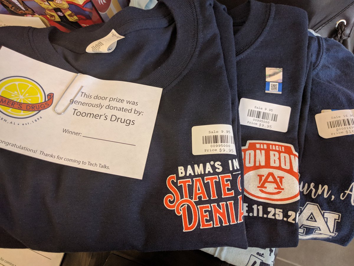 AuburnOIT's tweet photo. Last, but definitely not least, @j_mbooks donated a t-shirt and a hat, and @toomerslemonade donated 3 t-shirts, as #AUTechTalks door prizes. So many prize options from great vendors!! https://t.co/cqKSXXK7E2