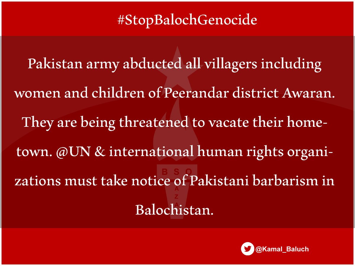 Pakistan army abducted all villagers including women and children of Peerandar district Awaran. They are being threatened to vacate their hometown. <a href="/UN/">United Nations</a> &amp; international human rights organizations must take notice of Pakistani barbarism in Balochistan.#StopBalochGenocide