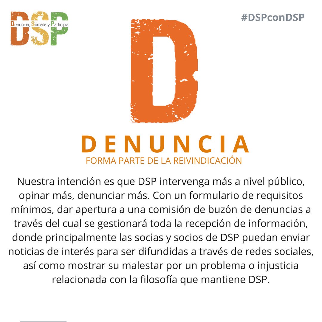 DSPconDSP's tweet photo. La denuncia, y una de las propuestas más importantes de nuestra candidatura. Creemos que debemos intervenir más a nivel público, opinar y denunciar más. Crearemos un buzón de denuncias, con su comisión, para ser más eficaces a la hora de actuar.
 #yosoydsp #dspcondsp https://t.co/kCzPRTptr2