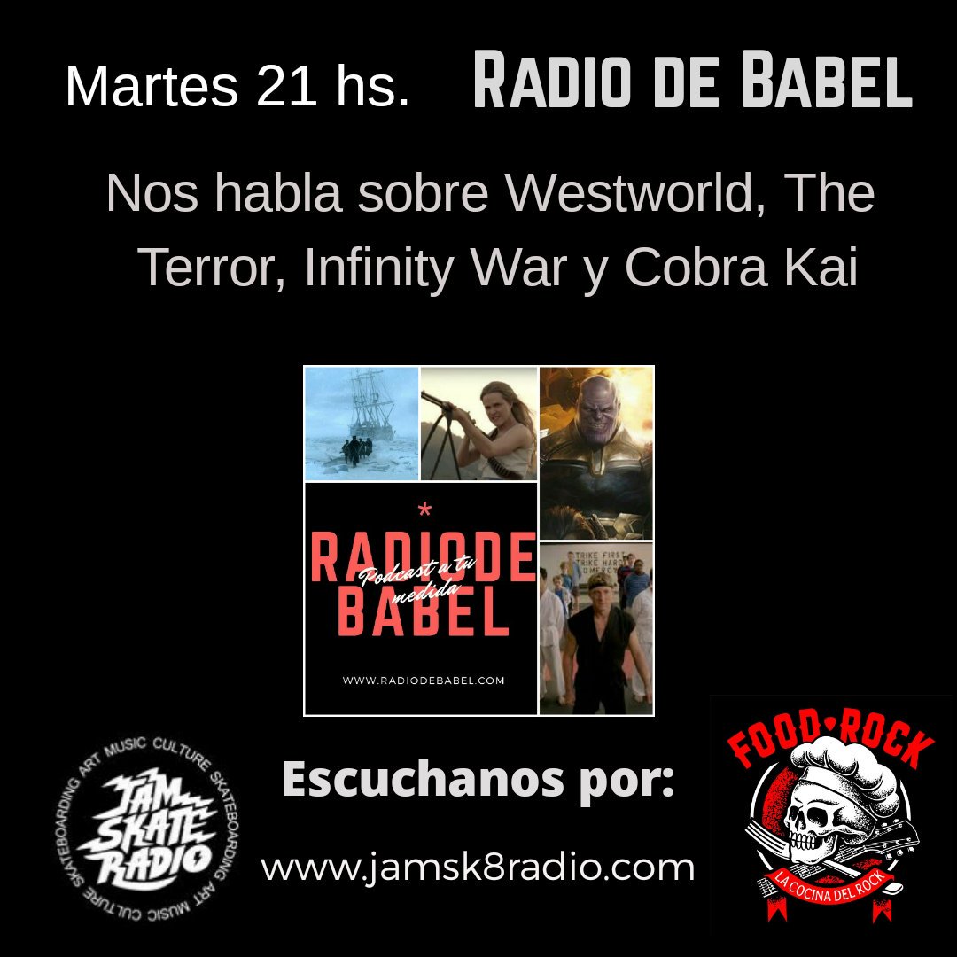 babelinfinito's tweet photo. Desde las 21 hs. estaremos en @foodrockfm hablando de #Westworld #AvengersInfinityWar #TheTerror #CobraKai y si queda tiempo, de las últimas medidas económicas del gobierno de #Uganda https://t.co/I5Hmh3wN6F