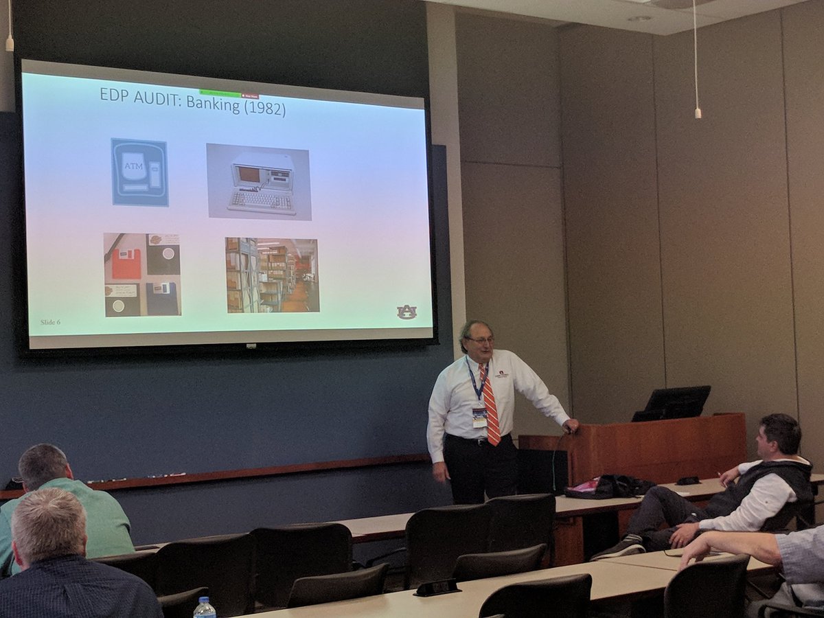 AuburnOIT's tweet photo. Our current #AUTechTalks presenters are all from @AuburnOIT - @WilliamMiaoulis, @AuburnU CISO, is talking about his journey in #Cybersecurity while Josh Henderson &amp; Erica Seymore from @CWS_Auburn share tips for project collaboration using #MicrosoftTeams. https://t.co/fBLLJYVTXQ