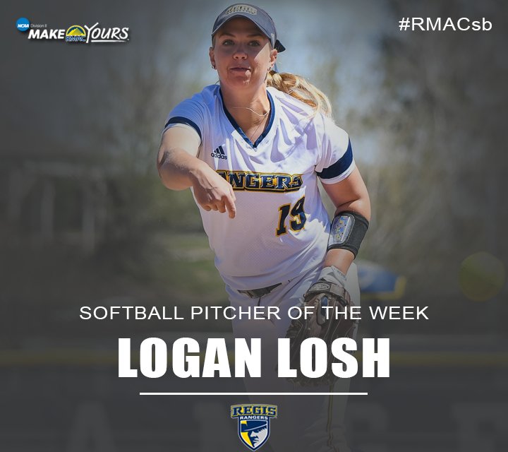 RMAC_SPORTS's tweet photo. Picking up this week's #RMACsb Pitcher of the Week is Logan Losh of @RegisRangers! Losh tossed her second no-hitter of the season against the Yellow Jackets. She went 2-0, only allowing one hit over 10 innings and struck out 10 in the two-game span! #EverythingElevated ⚾️ https://t.co/OY0l8ICjuP