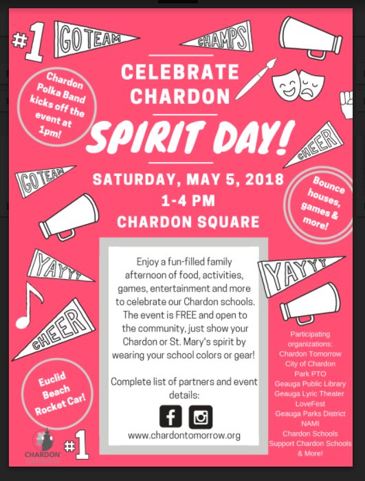 KellyAnnMoran's tweet photo. Hope to see you at Spirit Day on the Square after our Maple Carnival Saturday, May 5th!  #spiritday #fromcarnivaltothesquare #allthefunthings @ChardonSchools https://t.co/QEpqKY3nQE