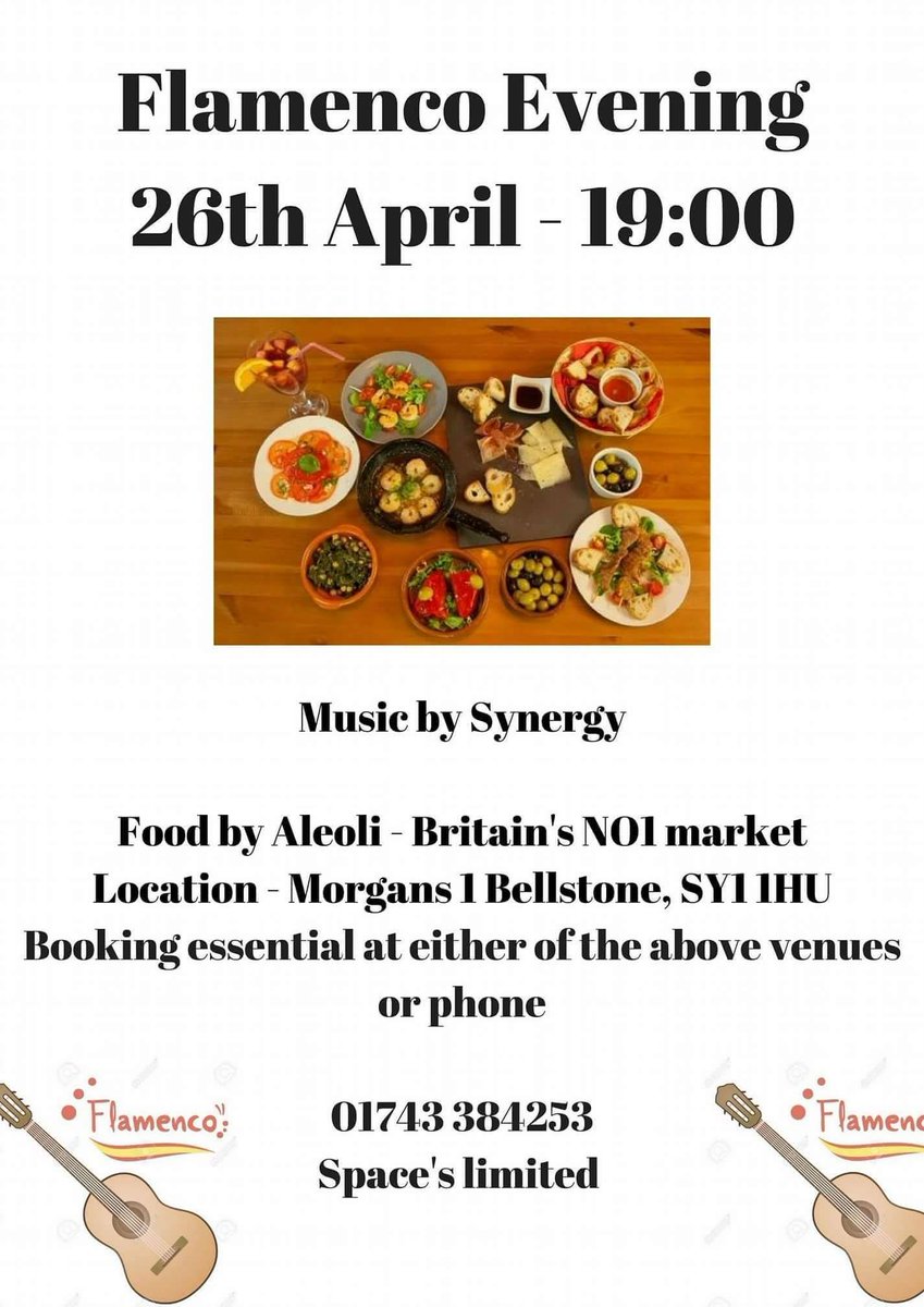 MorgansSY1's tweet photo. Still got a few spaces left for the Spanish evening at Morgans. Live music from synergy. We are still open for drinks as well https://t.co/CaSsUZ6VsV
