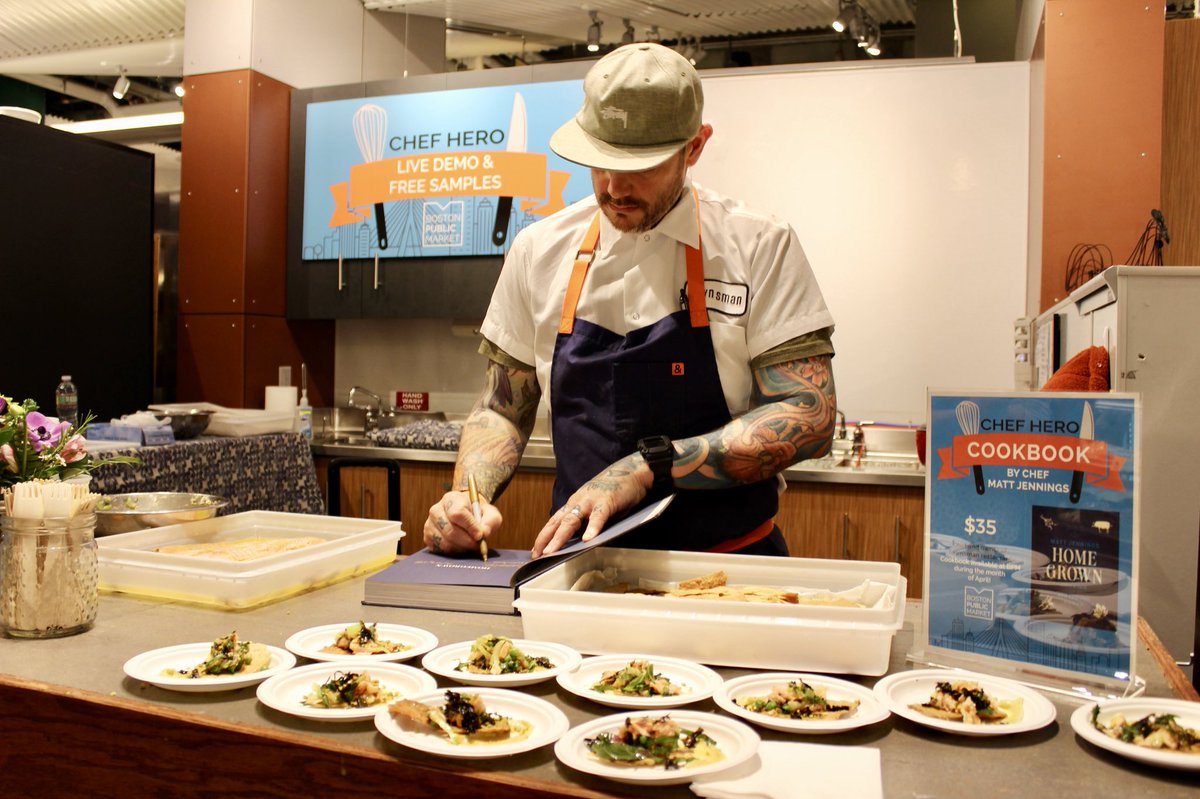 BosPublicMarket's tweet photo. Many thanks to @matthewjennings for signing cookbooks, plating salmon, and droppin’ knowledge at our #ChefHero event last night! If you haven’t had the privilege of dining at his restaurant @TownsmanBoston yet, do so ASAP.
.
Next up: @jodyadams May 17 from 12-2pm! https://t.co/3i2qF1nIMJ