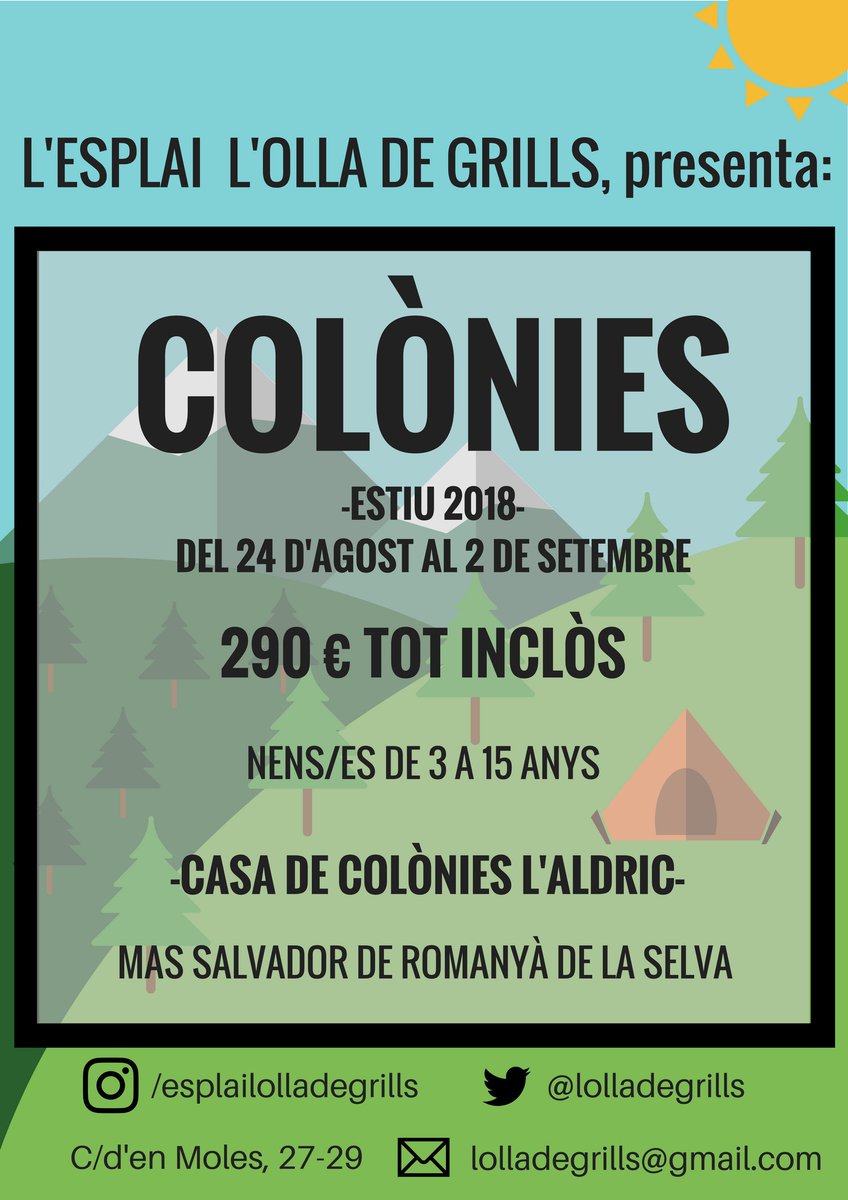 LOlladegrills's tweet photo. Sí, ho heu vist bé. Ja tenim aquí el cartell més esperat de l’any per tots els nens i nenes del nostre esplai, el de les COLÒNIES D’ESTIU !! 
Les preinscripcions comencen a partir de JA, i acaben el dia 26 de maig !! En teniu ganes?? 🙌🏽☀
Teniu més informació al correu 📩 ! https://t.co/ssStUfvmOD