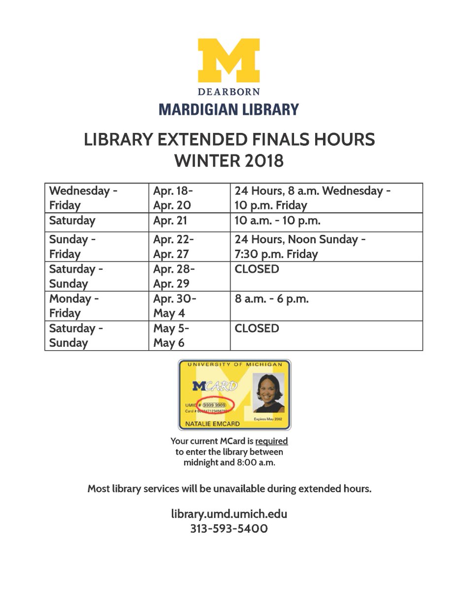 MardigianLib's tweet image. Still studying for finals? #24HourLibrary continues tonight @UM_Dearborn Library! You'll need to show your current MCard to enter the library between midnight and 8am.