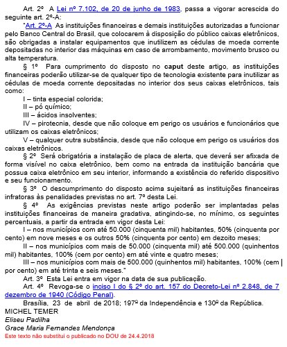 AXavierMF_Adv's tweet photo. Publicada hoje, a Lei 13.654/2018 altera o Código Penal, nos crimes de furto e roubo, e a Lei 7.102 (que dispõe sobre segurança para estabelecimentos financeiros). https://t.co/l3BkG3fqk3