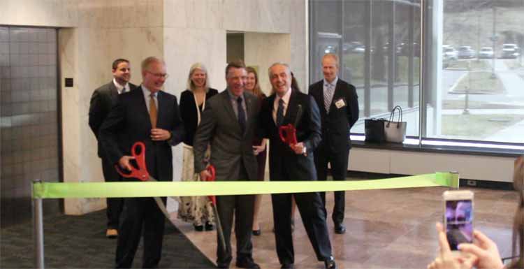 NationalLife's tweet photo. CEO @AssadiMehran was joined by @GovPhilScott and Mark Butler of @Cigna to cut the ribbon on the National Life Health and Wellness Center. This is full-service health center for employees is the first of its kind in Vermont. https://t.co/nLqnHWigBX
