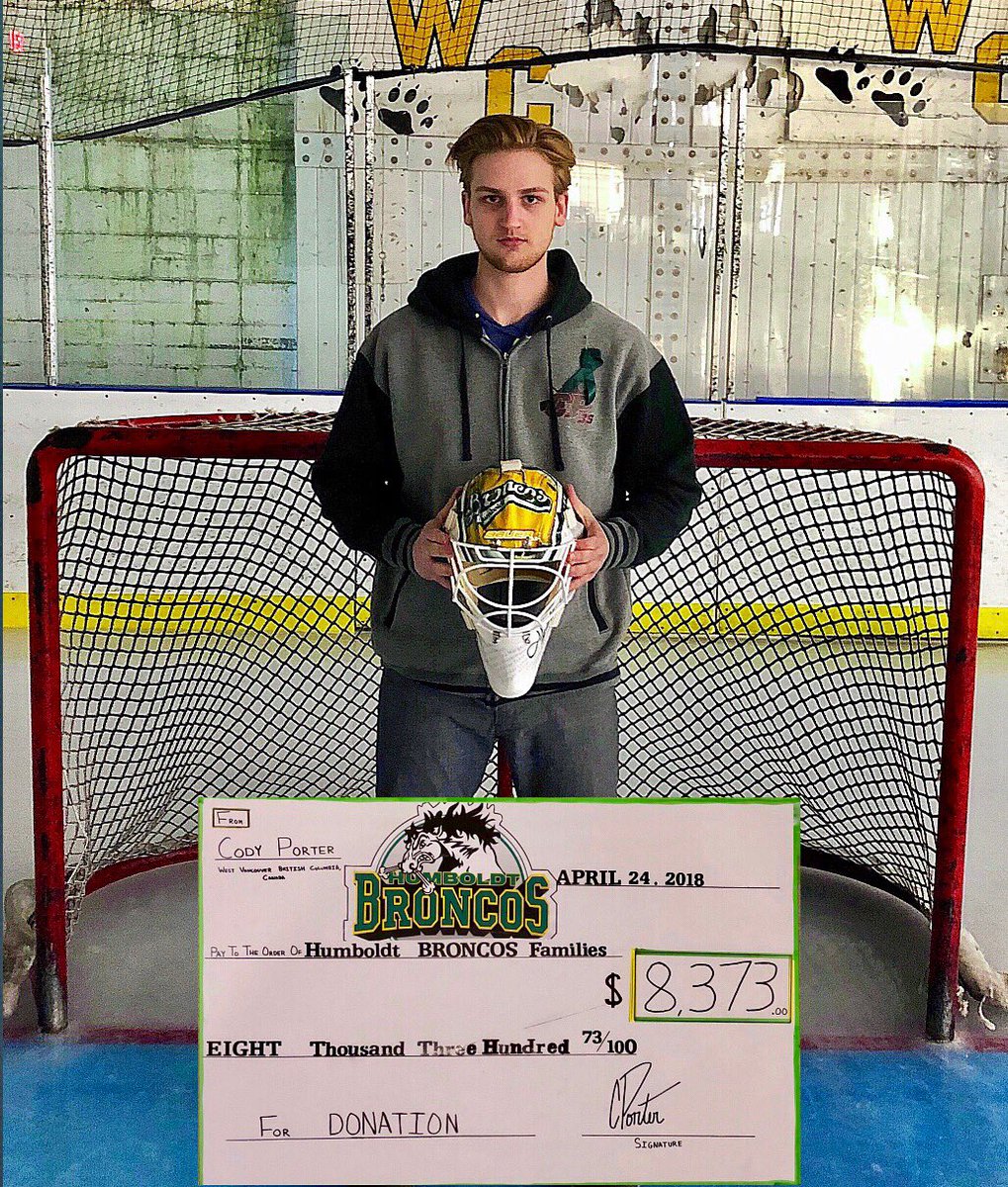 CodyPorter31's tweet photo. I am very proud to announce that on behalf of my Humboldt Broncos Tribute Mask Fundraiser I have made a donation of $8,373 to the families of the Humboldt Broncos. This money will help aid the families/ players of this terrible event. Thanks to everyone for your support! 💚💛 https://t.co/j5IhDL4b3U