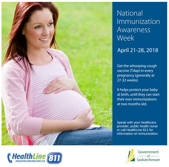 SaskHealth's tweet photo. April 21-28 is #NIAW2018 National Immunization Awareness Week! #DYK Did you know the whooping cough vaccine helps protect your baby at birth until they can start their own immunizations at two months old!? #TheMoreYouKnow #Sask https://t.co/9bUrH1uY99