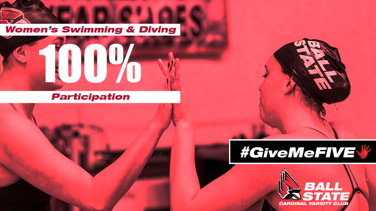 Congrats to <a href="/BallStateWSwim/">BallStateWSwimDive</a> – the first team in <a href="/BallStateSports/">Ball State Sports</a> history to have 100% of its CURRENT student-athletes join the Cardinal Varsity Club. Thank you for your support of #GiveMeFIVE!

Join them as CVC members: ow.ly/jleK30jETrX 

Together, with your help, #WeFly