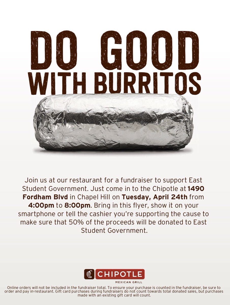 Come to the Chipotle at eastgate tonight from 4-8! Mention east student government at the register to help us raise money!