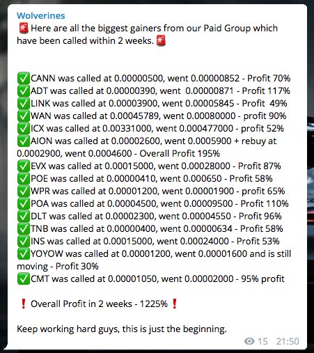 Cryptwolverines's tweet photo. 1225% Profit in 2 weeks!

We are happy and grateful that we have changed so many lives in our group, it’s amazing!

If you haven’t joined our Free Telegram Channel then DO IT! - it’s FREE!

https://t.co/BsQBT15q6H

$OCN $ICX $EOS $TRX $ORE $HMC $SMT $XVG $AION $MTL $GTO $ETH $BTC https://t.co/1hpaGDQHU5