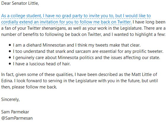 LittleCongress's tweet photo. Over the top confidence and unabashed flattery will always get you the follow. I appreciate the hustle on this one. https://t.co/adjKuWN1D4
