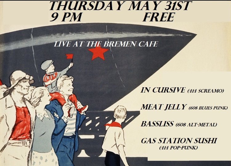 Playing with the homies from Meat Jelly, Bassliss, &amp; Gas Station Sushi

see you guys at Bremen.
make sure to tell your friends, take off work, &amp; support local music
