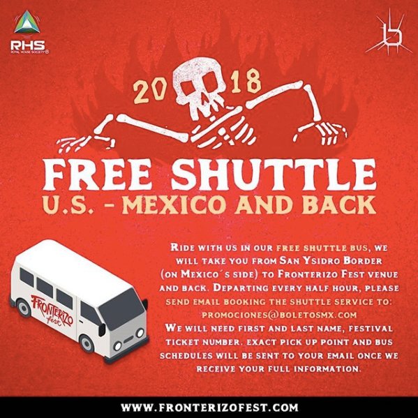Don't worry about driving or commuting! Ride with us from San Ysidro Border (Mexico's Side) to the festival venue and back, on our FREE Shuttle service. Please read and follow the instructions on the image. #FronterizoFest #Rock #heavymetal #festival #California