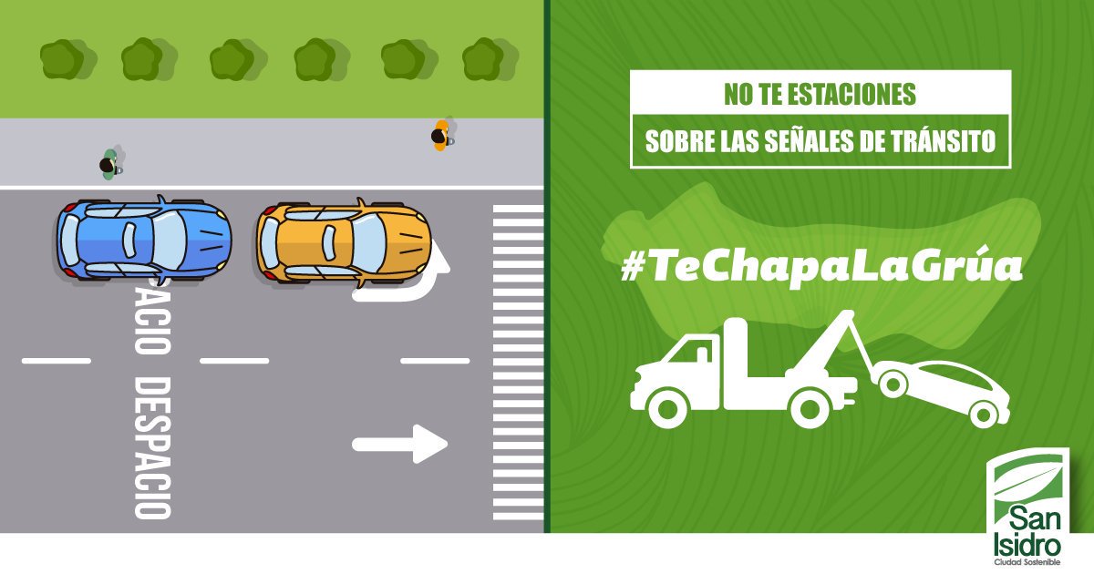 AlertaSI's tweet photo. #TeChapaLaGrúa ¡Sácale la vuelta a la grúa! Recuerda que según el Reglamento Nacional de Tránsito (art. 215), se considera infracción estacionar tu vehículo obstruyendo la visibilidad de las señales de tránsito https://t.co/oVvUnKHUGN