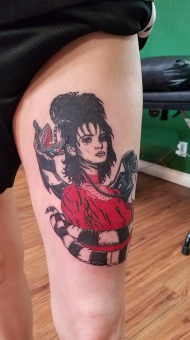 2 pic. New ink done by alfredztattoos at his shop maddtatterz #bettlejuice #lydia #winonaryder #timburton