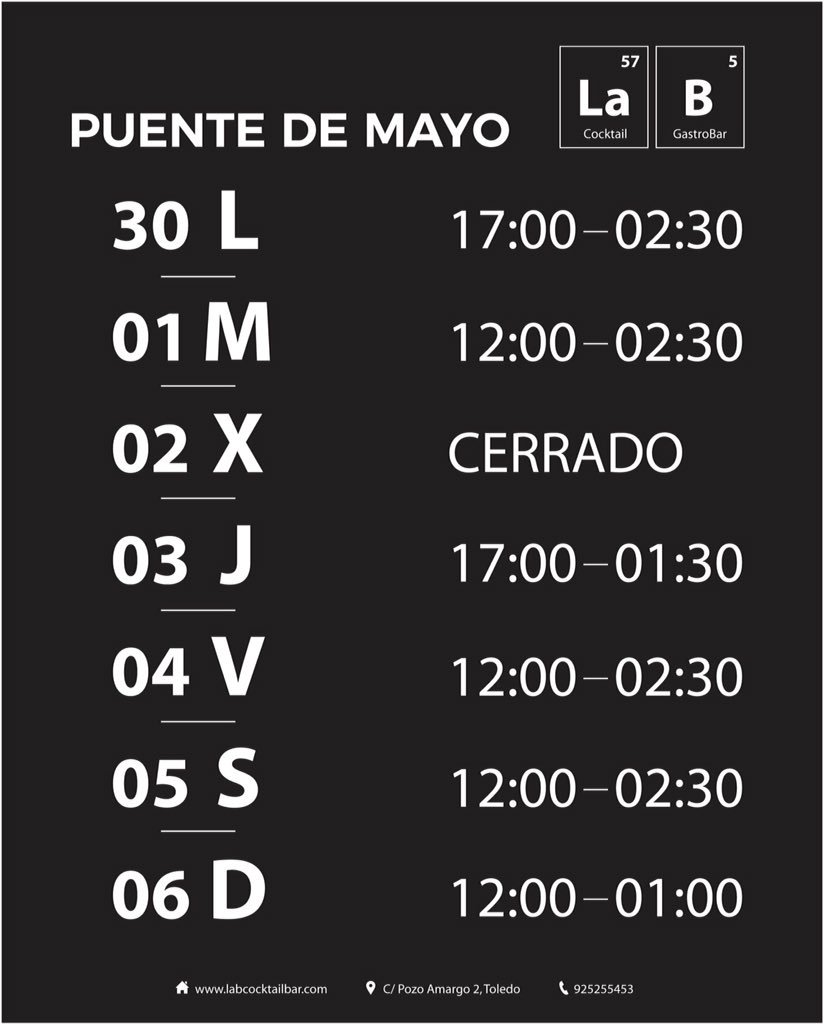 Se acerca el puente de Mayo y modificamos nuestro horario para estar a vuestro lado.
.
El Lunes 30 de Abril abriremos a partir de las 17:00 hrs, el Martes 01 de Mayo abrimos desde las 12:00 hrs y el Miércoles 02 de Mayo cerraremos por descanso.
.
Muchas gracias!!! #makinglab