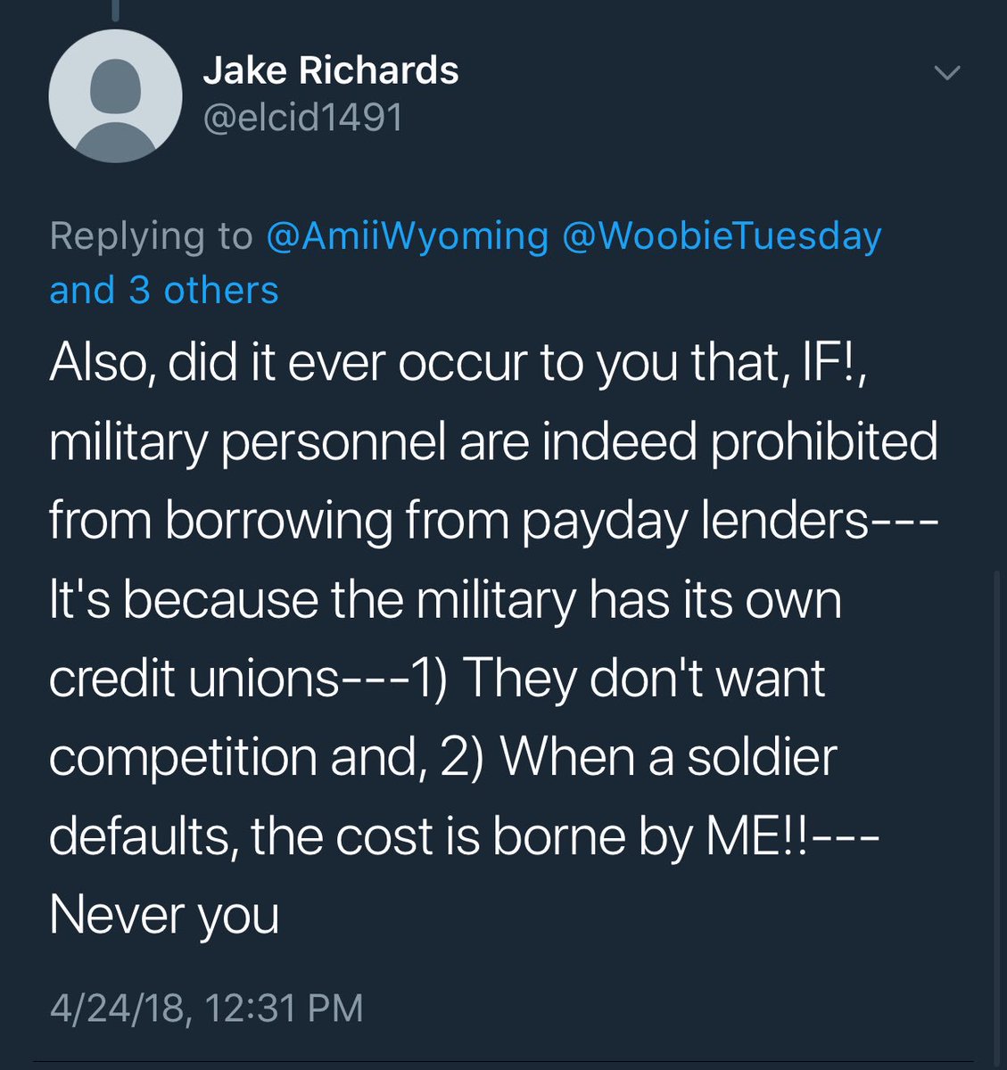 WoobieTuesday's tweet photo. @Quandery @elcid1491 @AmiiWyoming @PartyofReason @DWStweets @SierraClub His tacit admission that he’s a #PredatoryLender https://t.co/UaHxYZYEUJ