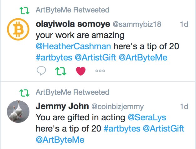 ArtByteMe's tweet image. Today, over 400 artists received tips of #artbytes on Twitter &amp;amp; Reddit!

Artists, are you getting yours?
Art fans, are you sending tips?

Support artists, join us today!
goo.gl/8BWWRC

#art #artist #musician
#actor #dancer #photographer
#Writer #dogecoin #bitcoin