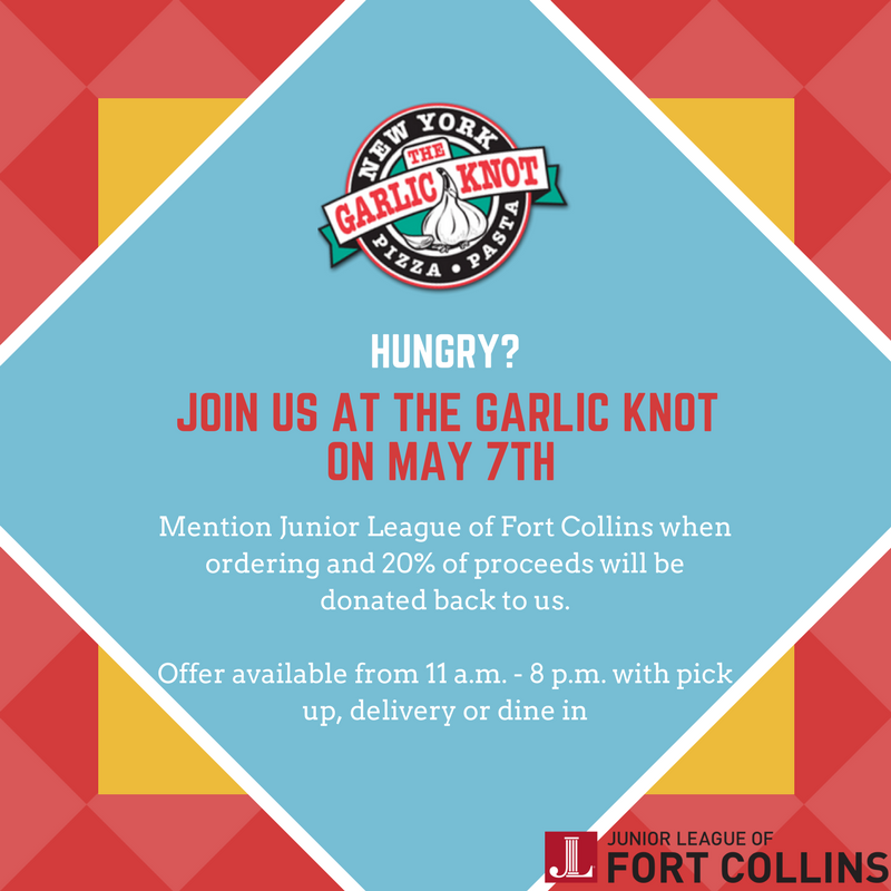 JLFortCollins's tweet photo. Join us at The Garlic Knot Fort Collins for a give back day!  Just mention the Junior League of Fort Collins on May 7th from 11 am to 8 pm and the Garlic Knot will donate 20% of your order back to JLFC!  Take-out, delivery or Dine-in. See you there! https://t.co/6uKo9eMAOK