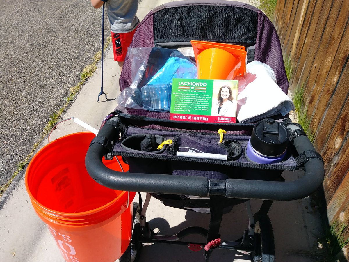 rachelgoochey's tweet image. This what your stroller looks like when you&apos;re out #trashbashing with your 5-year-old and also doing a lit drop for @Lachiondo4Ada. Giant orange bucket? ✔ #Lach4Ada postcards? ✔ Iced coffee? ✔✔✔ #raisethemright #leadbyexample