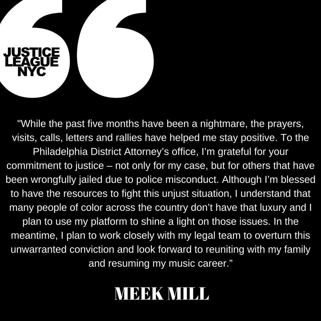 NYjusticeleague's tweet photo. “Ain’t this what we been waiting for?!” MEEK MILL IS FREE!!! Read this statement from Meek on his release. This is who &amp; what we do it for. A black man is free. &amp; he’s been activated to commit to the freedom of others. We are so happy for Meek &amp; his family! Now lets go get em all https://t.co/RCSlbi7Yb8