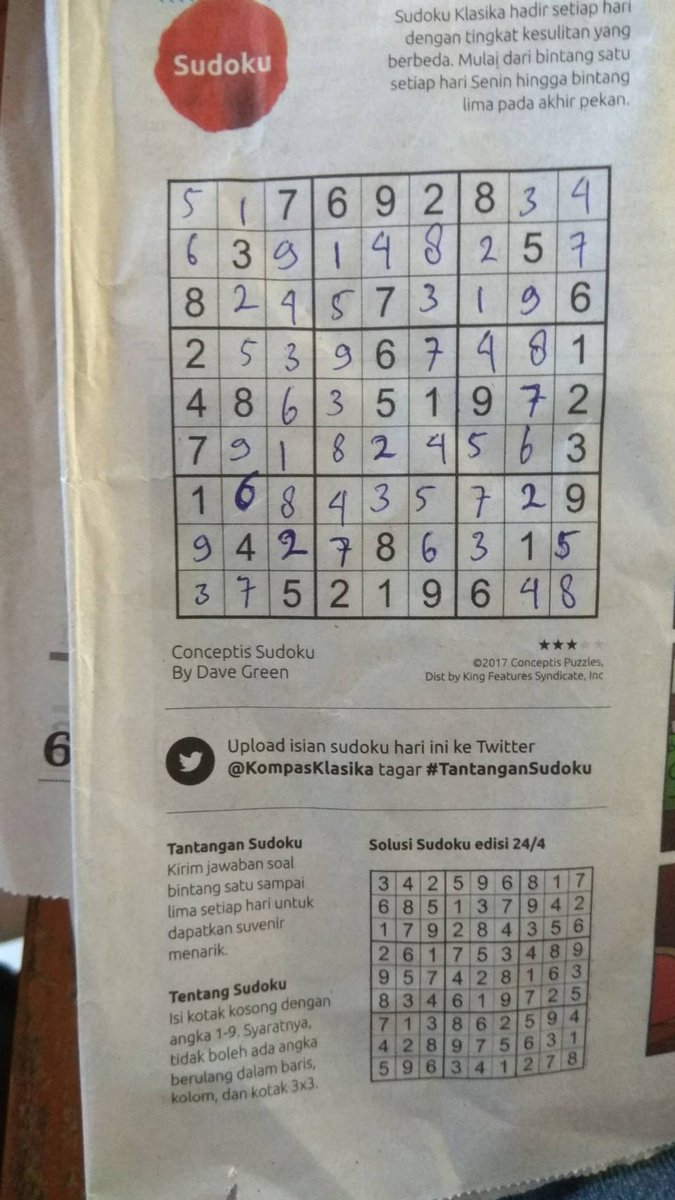 edisi rabu 25 april 2018 <a href="/KompasKlasika/">Kompas Klasika</a> #Tantangansudoku