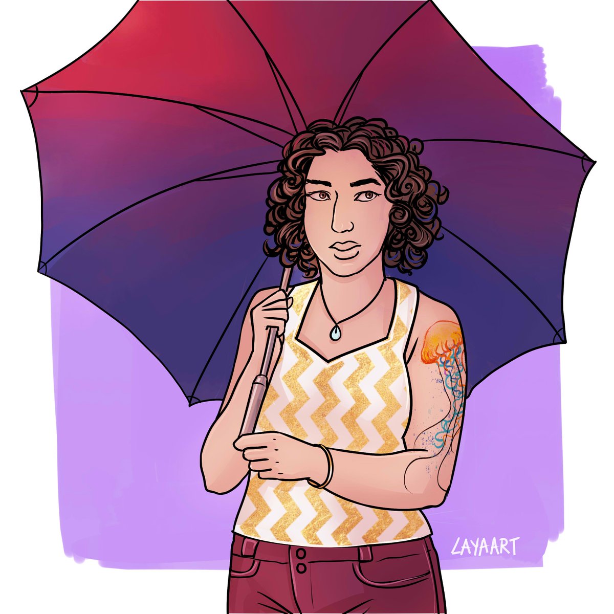 digital art of a girl with short curly brown hair, a jellyfish tattoo on her left arm, wearing a gold and white zigzag shirt and dark red pants. she is holding an umbrella with a gradient the colours of the bi flag