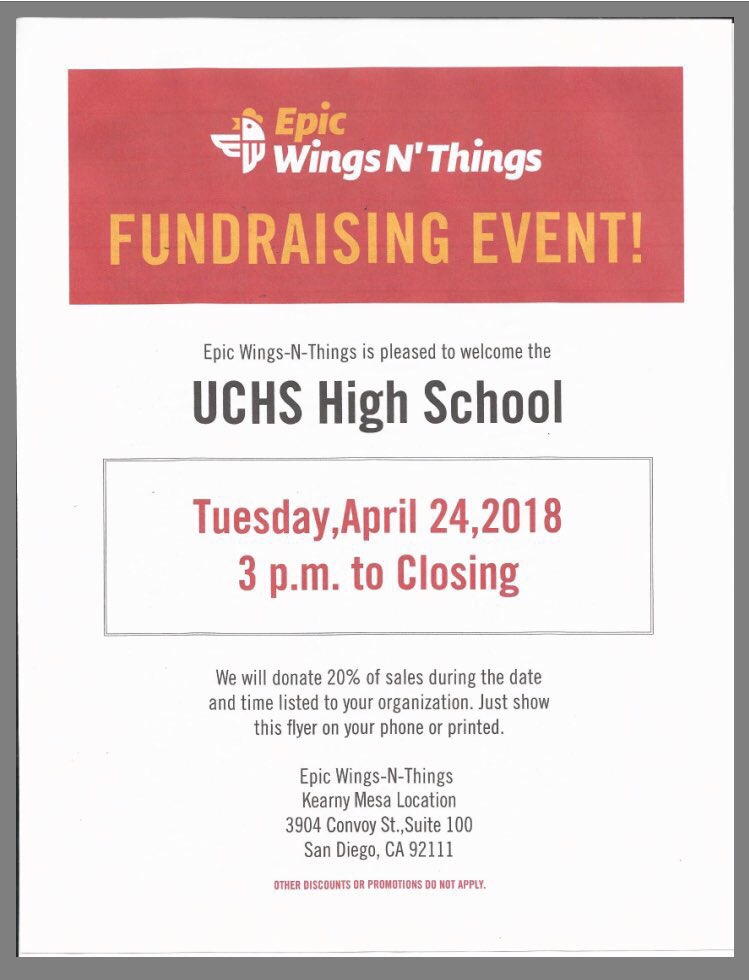 uchs2018's tweet photo. There’s still time to go get some wings and support your class!! Make sure to show the flyer 🤩🔥🐔🍗 https://t.co/H9Fo9bGkyx