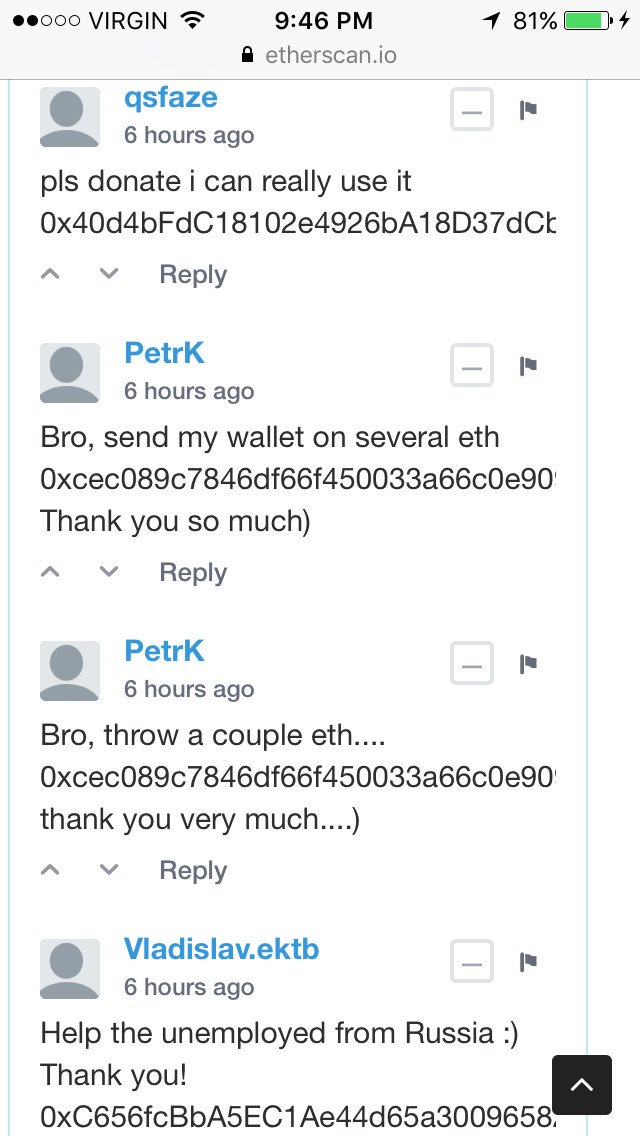 georgec7080's tweet photo. I don't know what is more sick. A hacker stealing millions from innocent people or people begging the hacker for donations... #MEWHACK $ETH #MessedUp #Crypto #BeSafe https://t.co/WQWwQRajvV