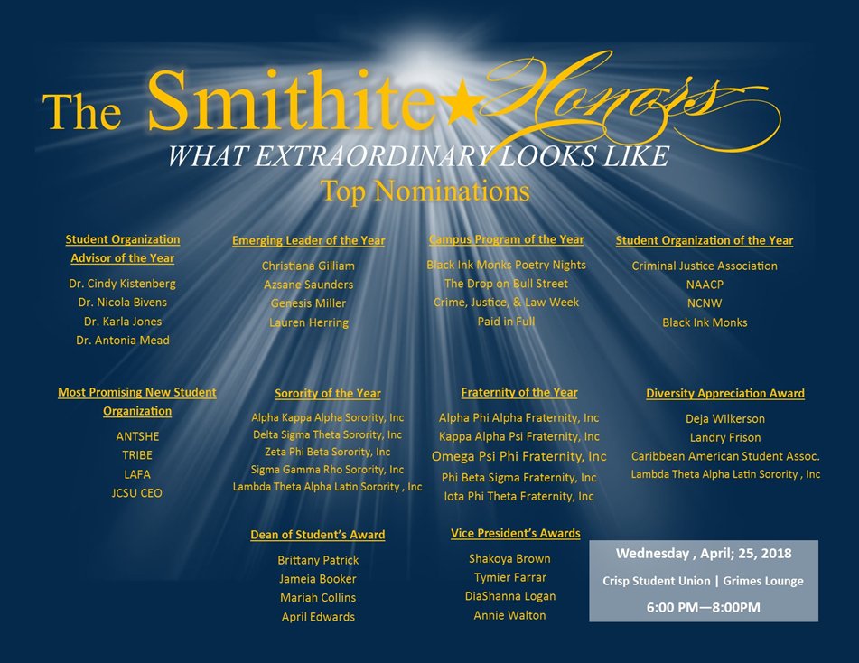 JCSU_SLE's tweet photo. Top Nominations for Smithite Honors #BullFest2018 #JCSU https://t.co/tjtJ5p9a6h