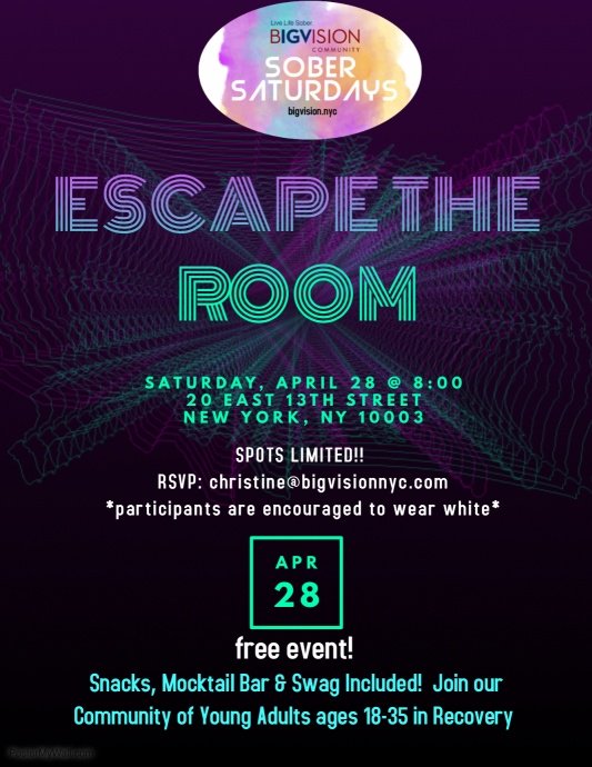 bigvision_nyc's tweet photo. We're going out with a bang and ending our 'Sober Saturdays' project with an Escape the Room challenge!  Spots are limited, so RSVP christine@bigvisionnyc.com ASAP! 
#sobernyc #nycsober #sobereventsnyc #bigvisionnyc #soberevents #livelifesober #sobersaturdays https://t.co/p1TOUJ2kCy