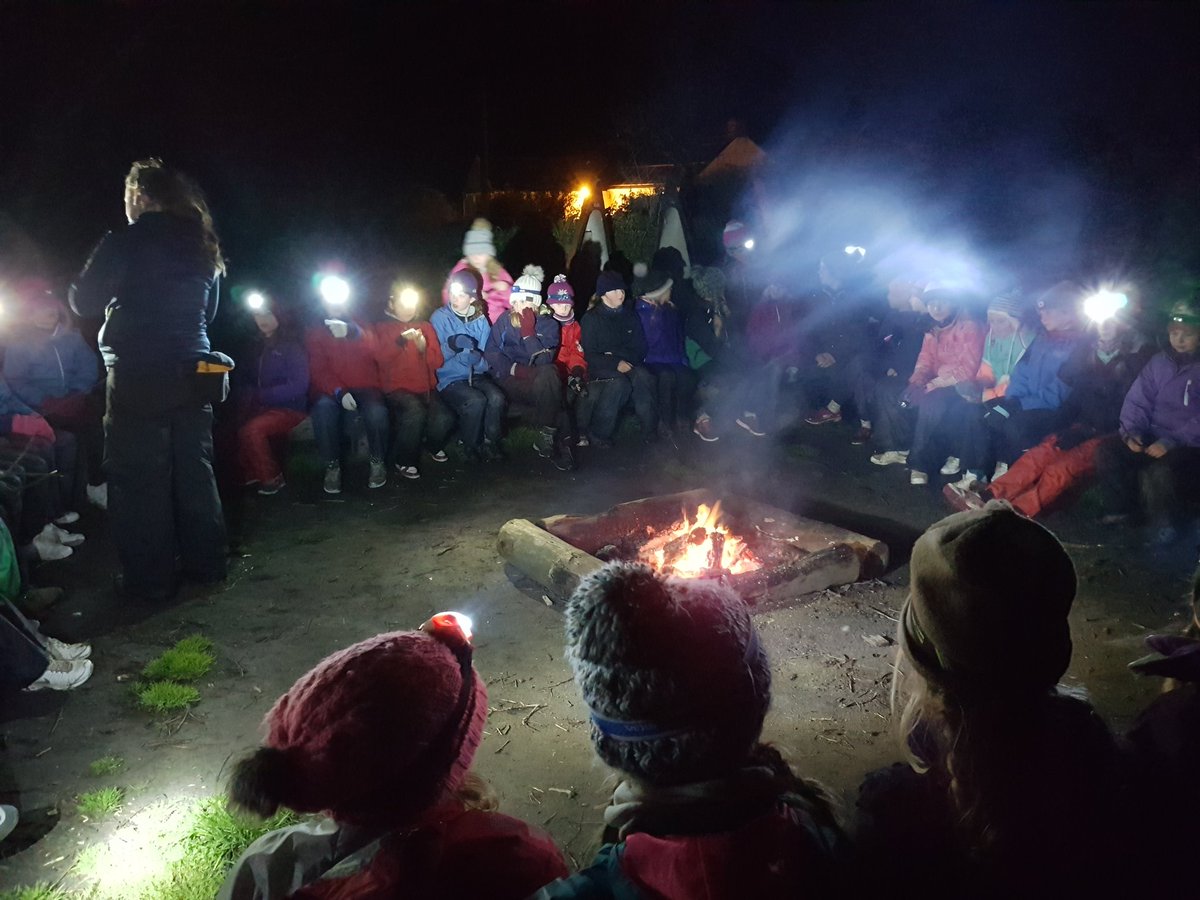 Campfire songs, Viking Tales and lots of smiley Yr 6. Bedtime at a very peaceful bivvy.  Tough conditions today, but the girls have shown great resilience.  #proudteachers #nightunderthestars #nightnight