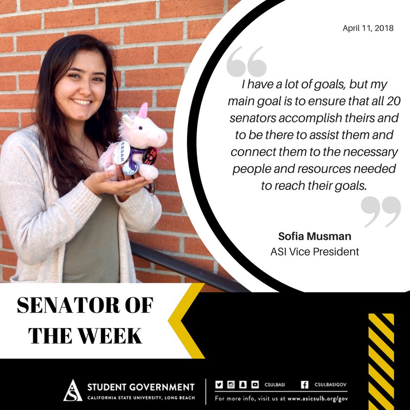 csulbasigov's tweet photo. Our special senator of the week shoutout goes to our ASI Vice President Sofia Musman, a strong supporter of our ASI senators. #SenatorofTheWeek https://t.co/bOMZfHGVxK