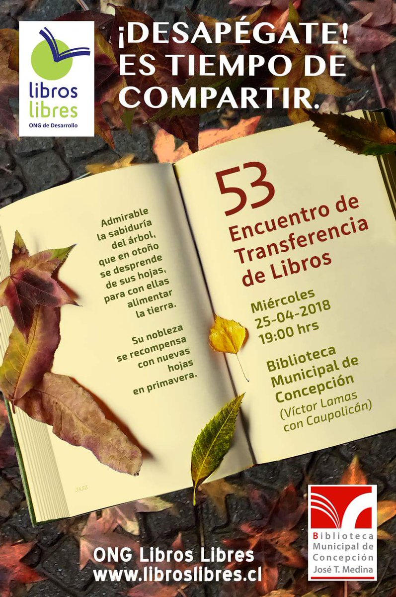 quehayenconce's tweet photo. #QueHayenConce #Mañana
53° Encuentro de Transferencia de Libros Libres
Miércoles 24 de Abril 19:00 hrs
En la BibliotecaMunicipal de Concepción
Entrada con Aporte de un libro original y en buen estado y podras llevarte a tu casa hasta 3 libros https://t.co/zi3oS8TSSn