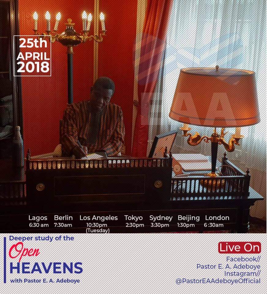PastorEAAdeboye's tweet photo. Join Pastor E. A. Adeboye tomorrow for a deeper study of the Open Heavens 
6:30am Nigerian Time. https://t.co/AQPxQnVlQA