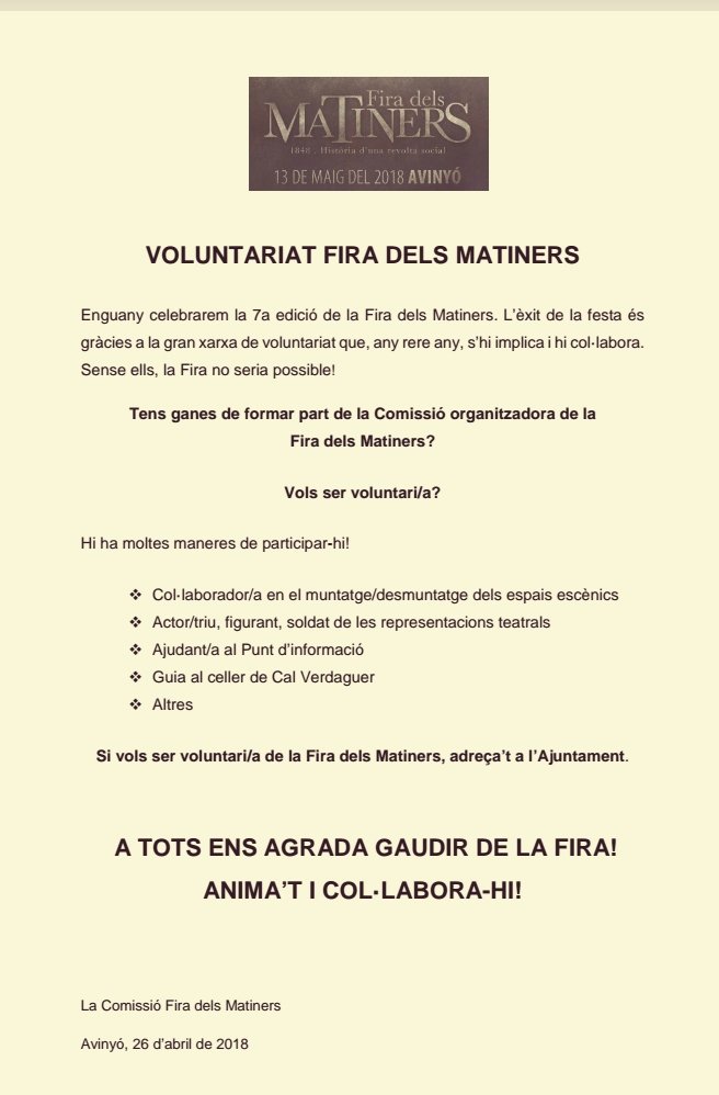 AjAvinyo's tweet photo. 13 maig. Fira dels Matiners.
Vols ser voluntari/a en l'organització? 
Et necessitem! @EspaiMatiners @AjAvinyo #culturaalpoble #voluntariat #firamatines https://t.co/VKNqaPGQZx