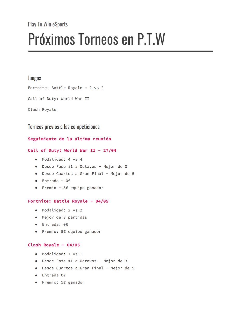 PTWeSports's tweet photo. #INFO

Lo bueno se hace de rogar. Anunciamos las primeras competiciones en #PlayToWin.

· CoD: WWII
· Fortnite: Battle Royale
· Clash Royale

Premio base de 5€/ competición.

- Capacidad máxima de 32 equipos.

Para inscribiros, contactar via MD. https://t.co/BQVh7RYn67